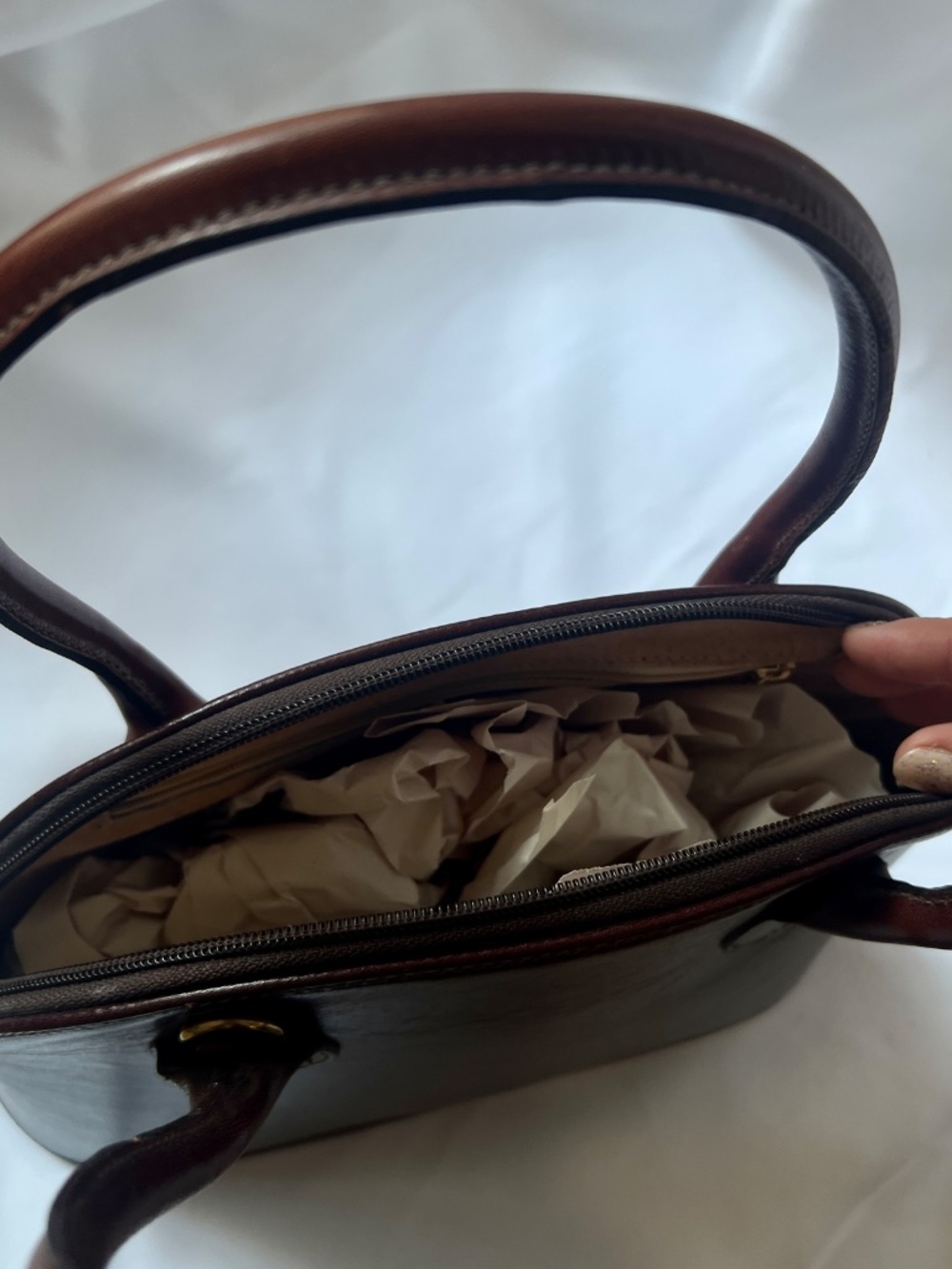 Vintage Made in USA Brahmin Solid Dark Brown Leather Dome Satchel Bag - Picture 3 of 5